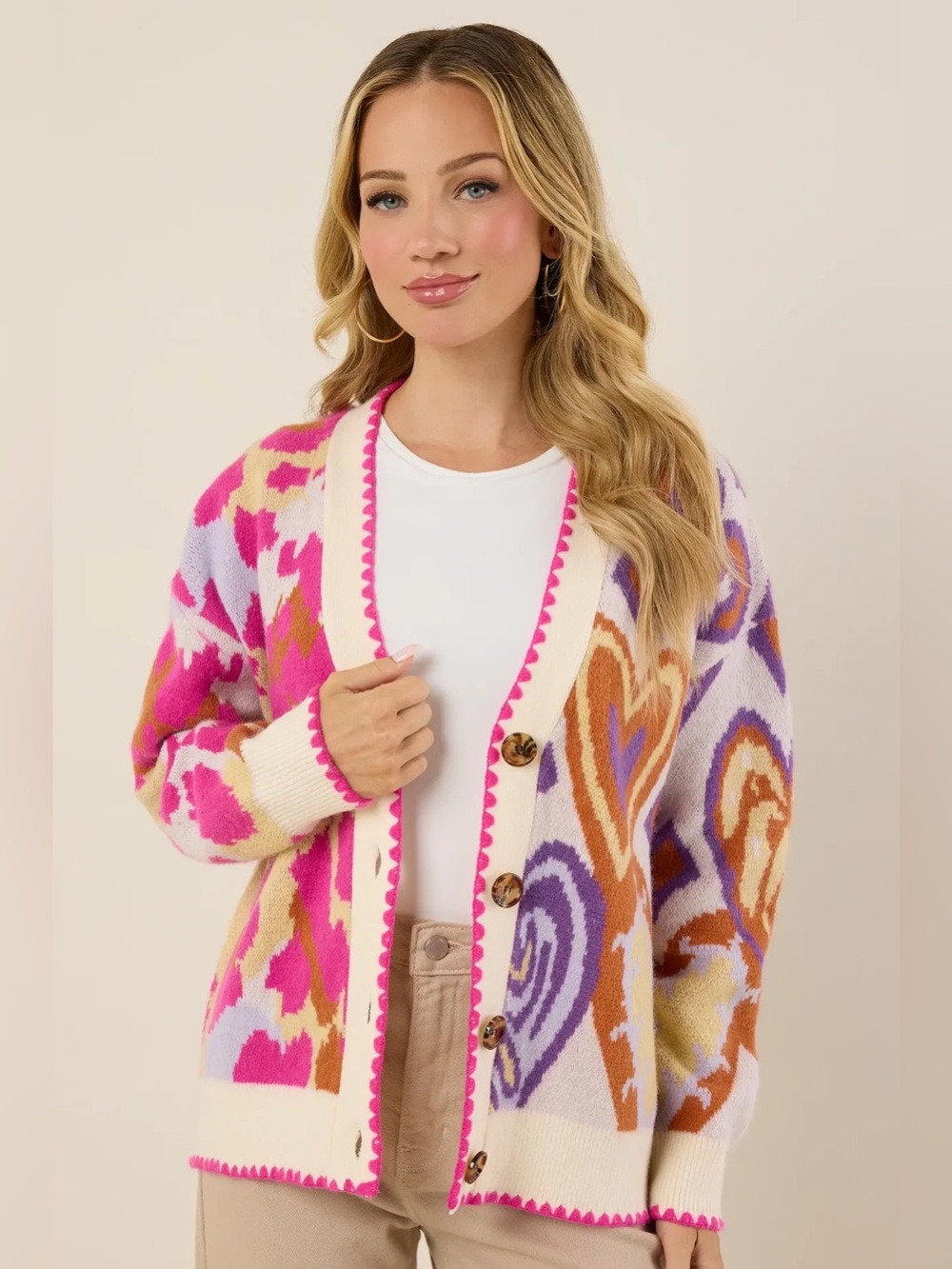 Avara  Leslie Pink and cream Heart Cardigan NWT Large